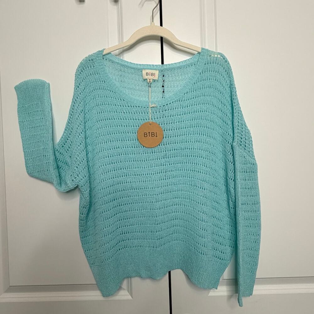 BIBI Aqua Blue Open Knit Crochet Sweater Small NWT Coastal Boho